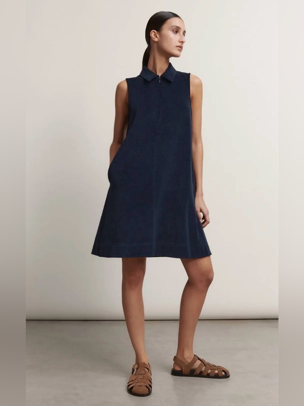 ME+EM Towelling Collar Sleeveless Swing Dress Navy Us 10